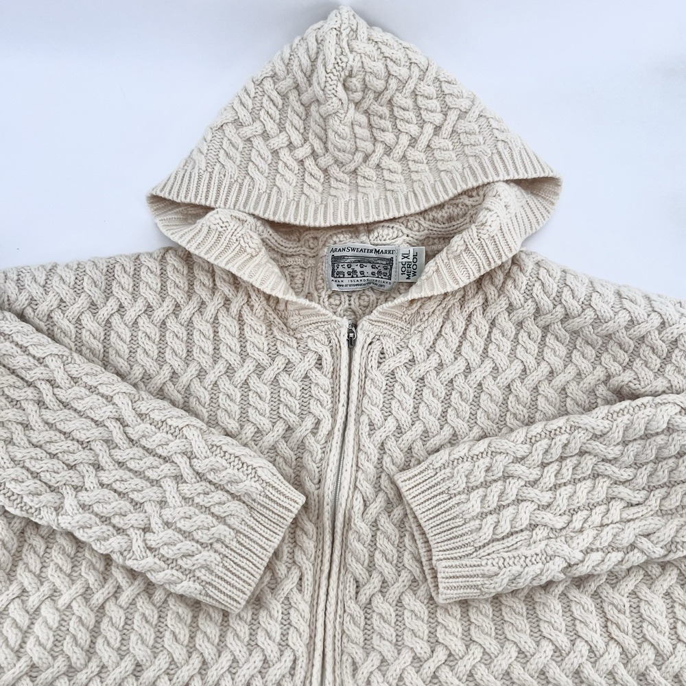 Vintage Aran Sweater Market Ireland XL Merino Wool‎ Cable Fisherman Knit Hoodie